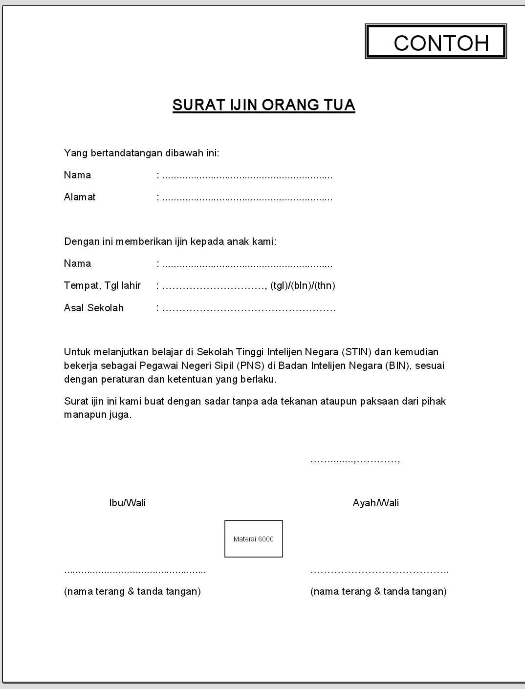 15. Contoh Surat Pernyataan Izin Orang Tua Siswa