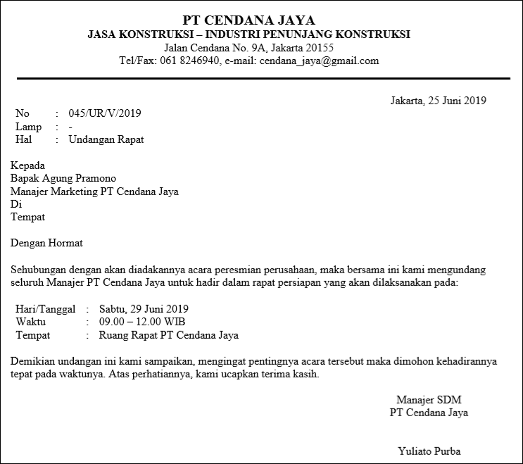 2. Contoh Surat Undangan Rapat Resmi Perusahaan