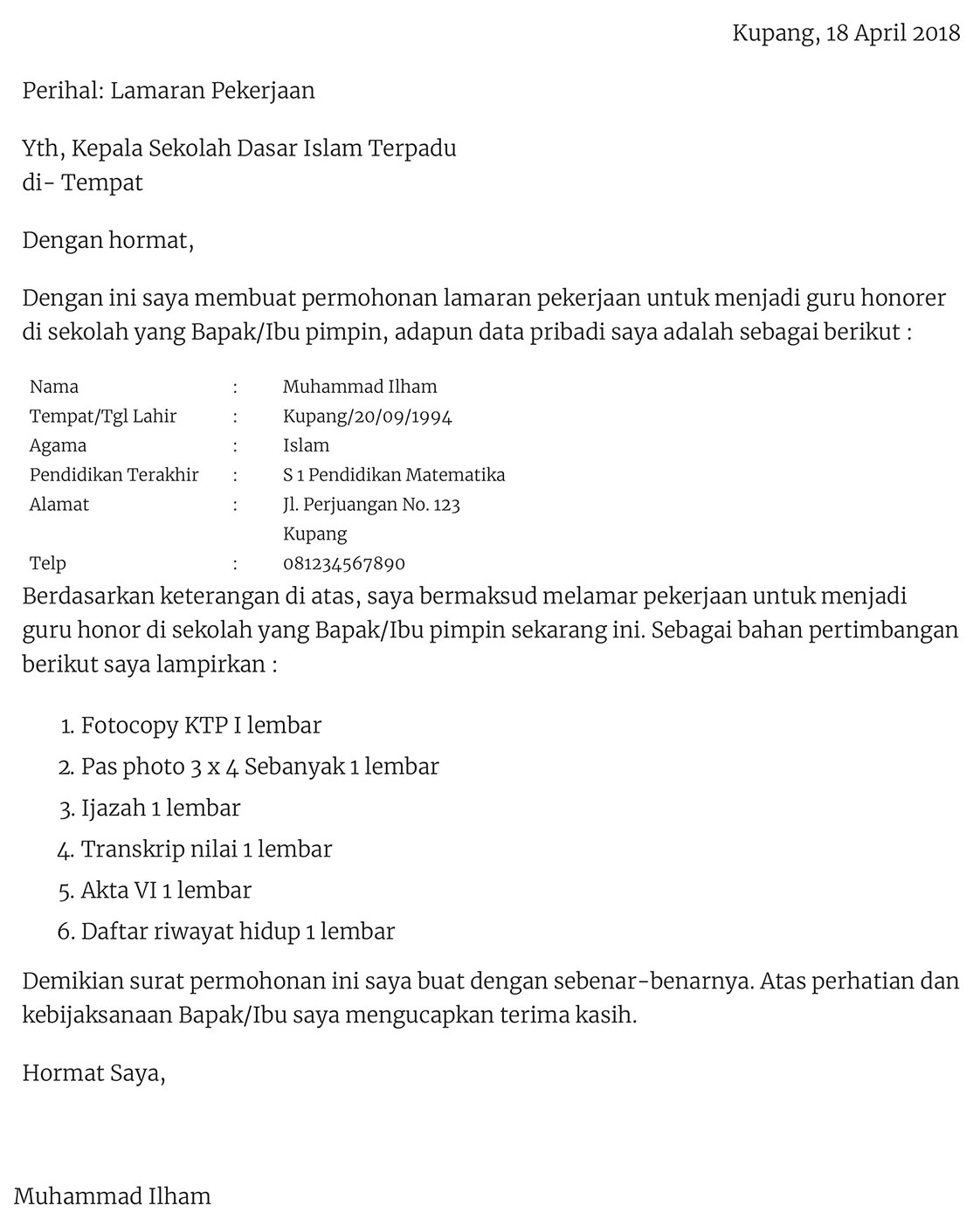 3. Contoh Lamaran Kerja Guru Honorer