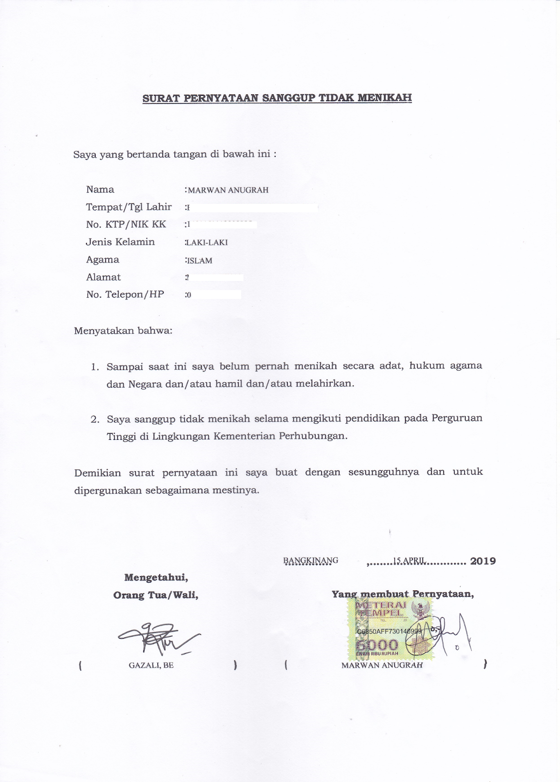 3. Contoh Surat Pernyataan Belum Menikah Untuk Melamar Kerja Dari Kelurahan