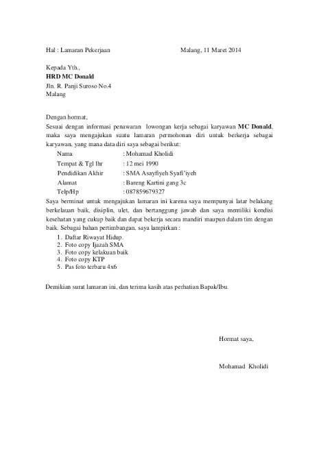 4. Contoh Surat Lamaran Kerja Di Hotel Bagian Waiter Waitress