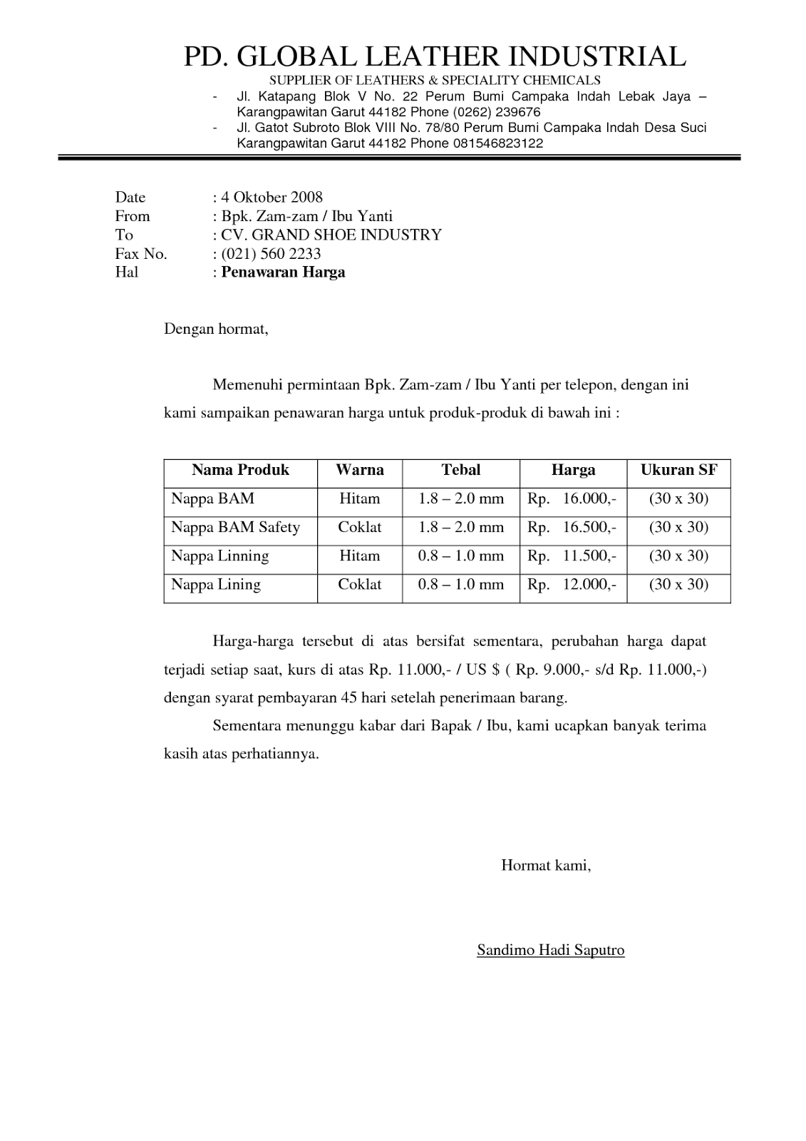 4. Contoh Surat Penawaran Barang Elektronik Bahasa Inggris