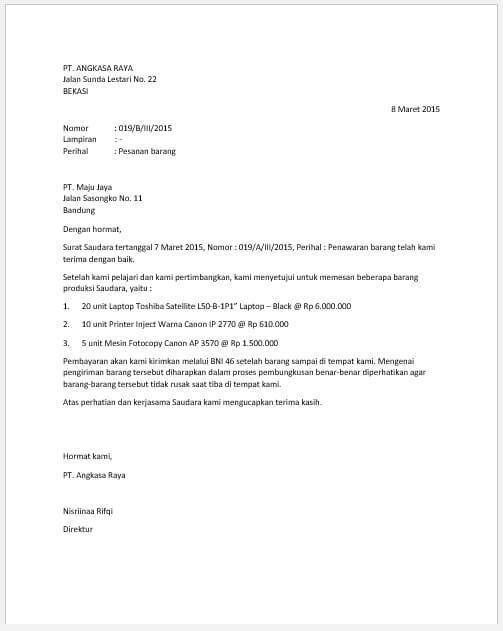 5. Contoh Surat Penawaran Barang Elektronik Bentuk Semi Block Style