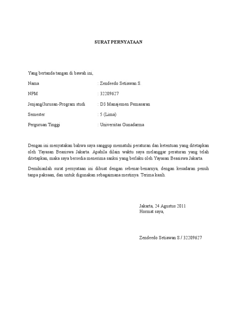 5. Contoh Surat Pernyataan Kesanggupan Mematuhi Peraturan