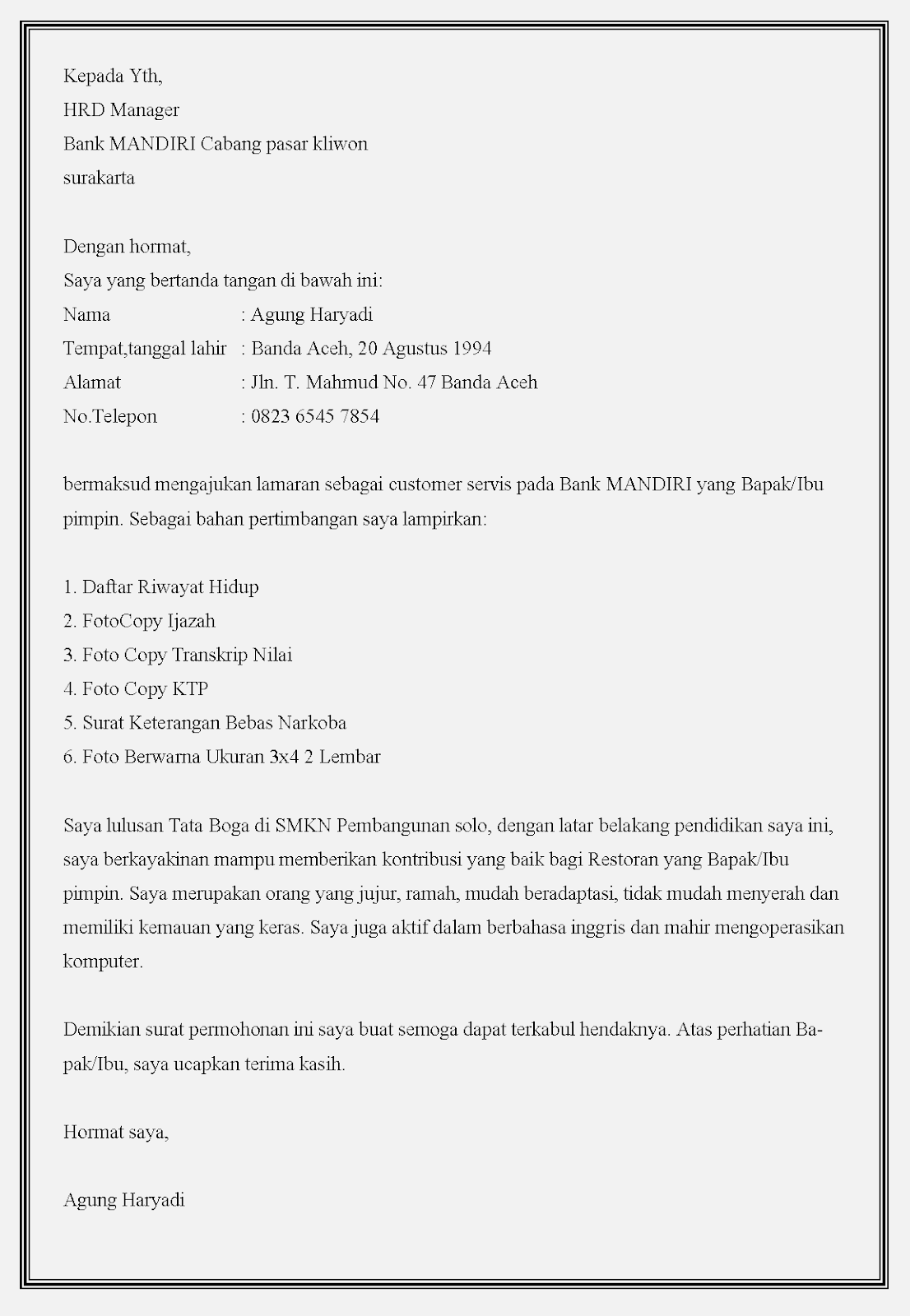 6. Contoh Surat Lamaran Kerja Di Bank