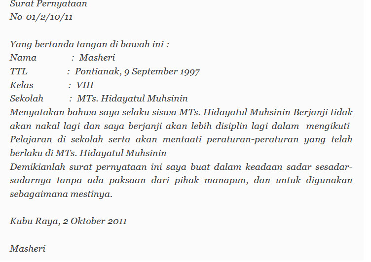 6. Contoh Surat Pernyataan Untuk Sekolah Tidak Mengulangi Kesalahan