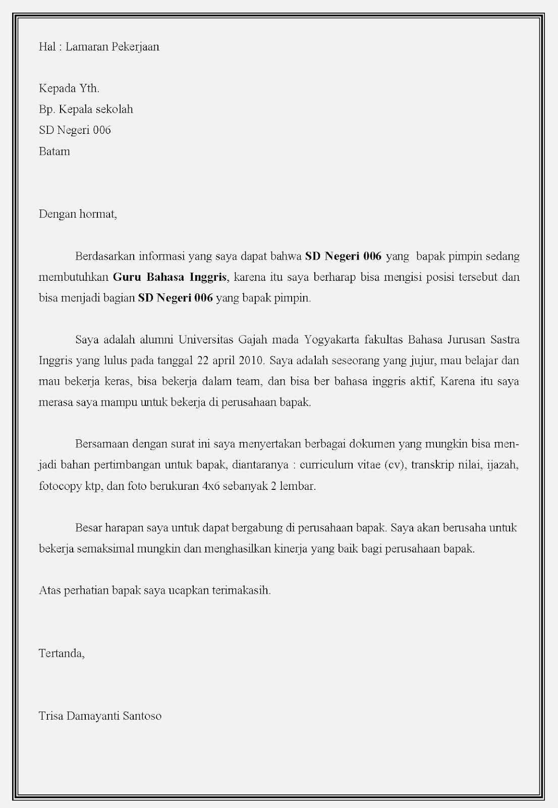 7. Contoh Surat Lamaran Kerja Guru Dalam Bahasa Inggris