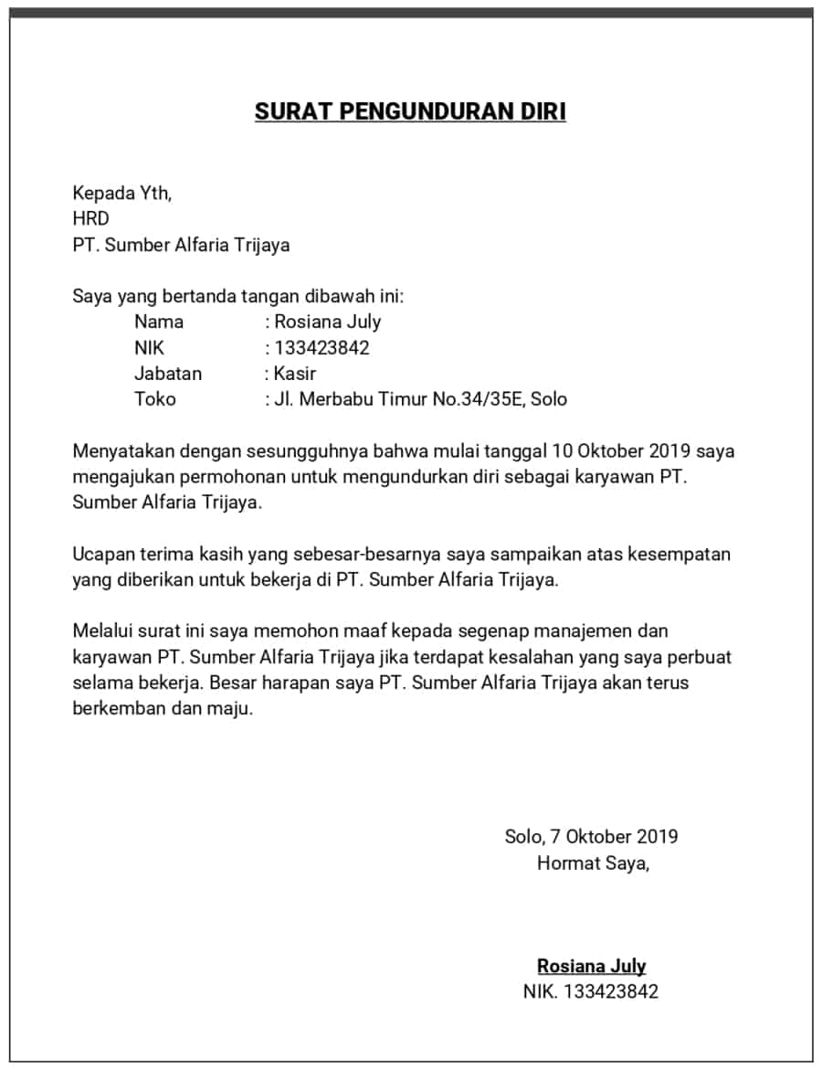 8. Contoh Surat Pengunduran Diri Dari Organisasi Serikat Pekerja