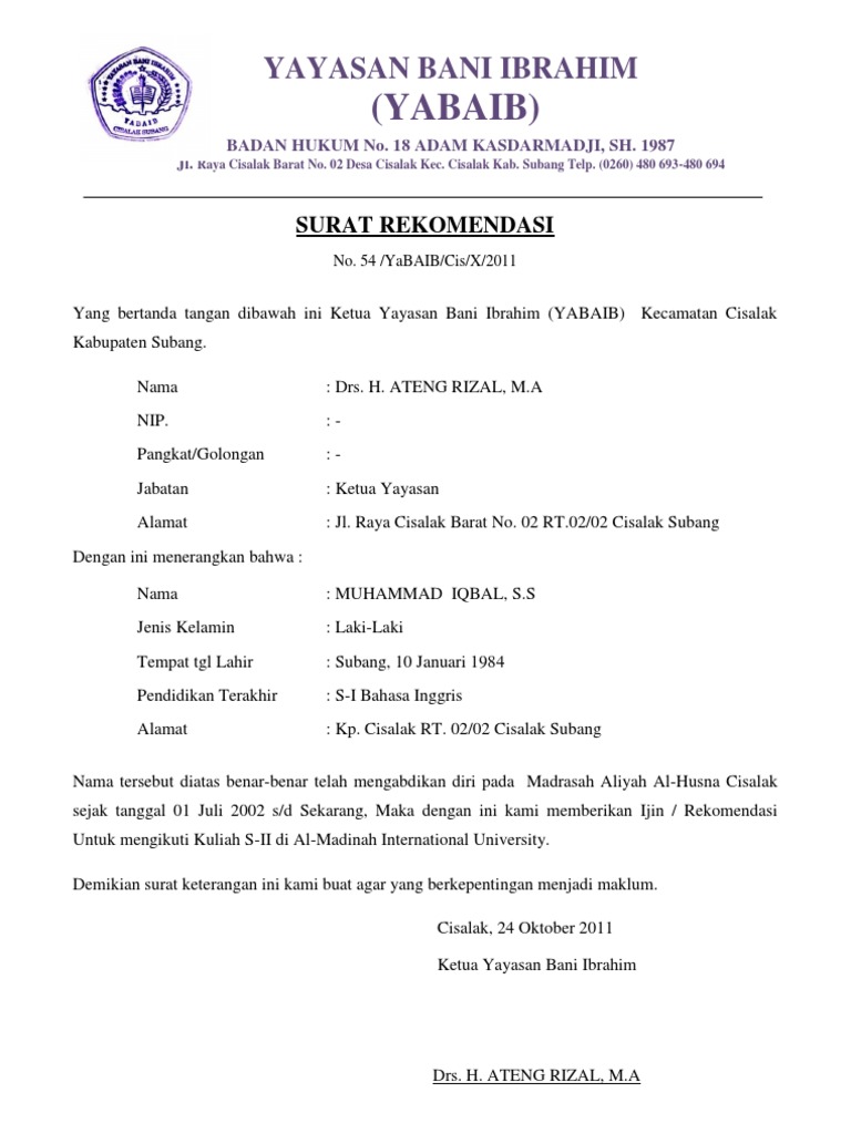 8. Contoh Surat Permohonan Rekomendasi Kemenag