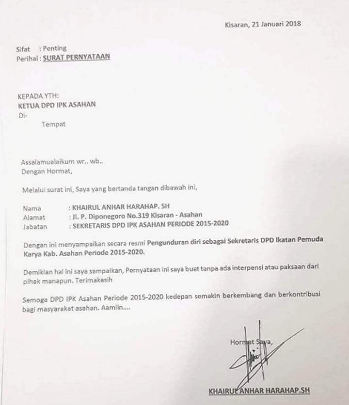 Surat Pengunduran Diri dari Organisasi Masyarakat