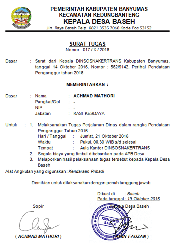 Surat Tugas dari Kepala Desa