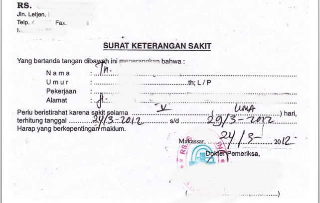 1. Contoh Surat Keterangan Sakit Dari Dokter