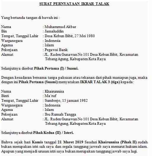 1. Contoh Surat Pernyataan Cerai Sepihak