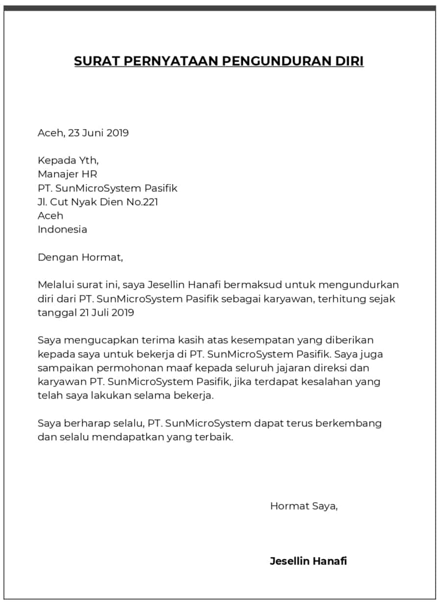 1. Contoh Surat Pernyataan Pengunduran Diri