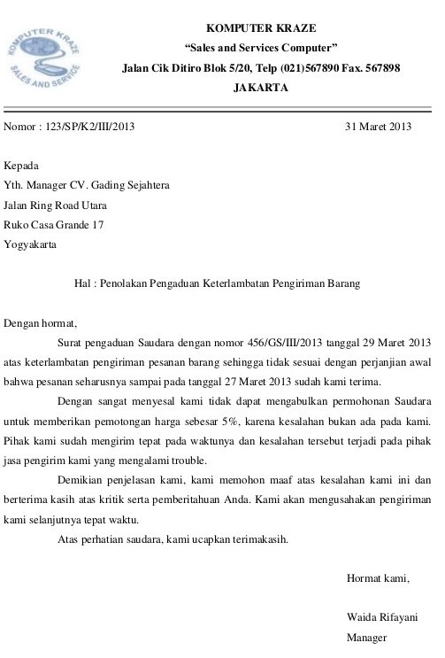 10. Contoh Surat Pemberitahuan Keterlambatan Pengiriman Barang