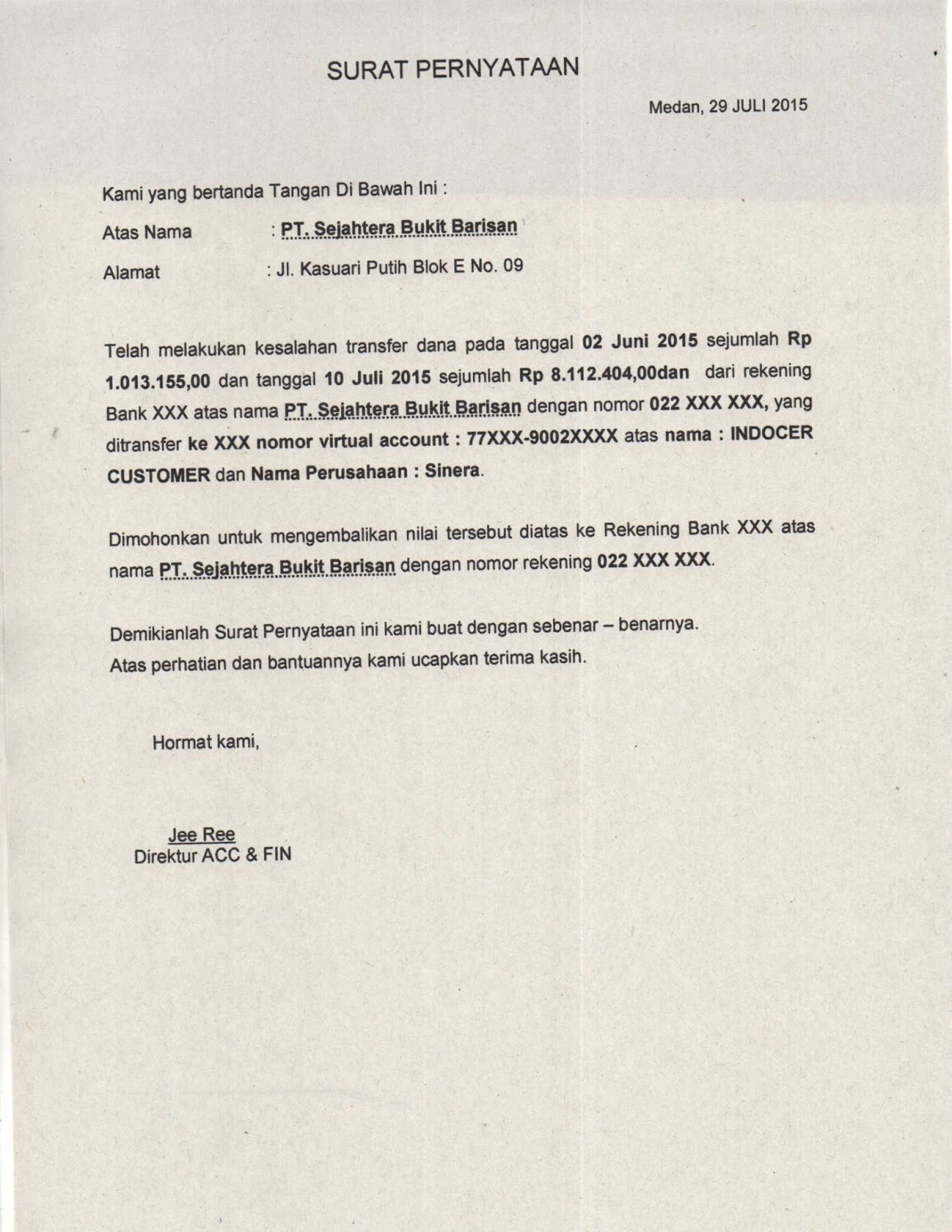 4. Contoh Surat Pernyataan Salah Transfer Uang Pribadi