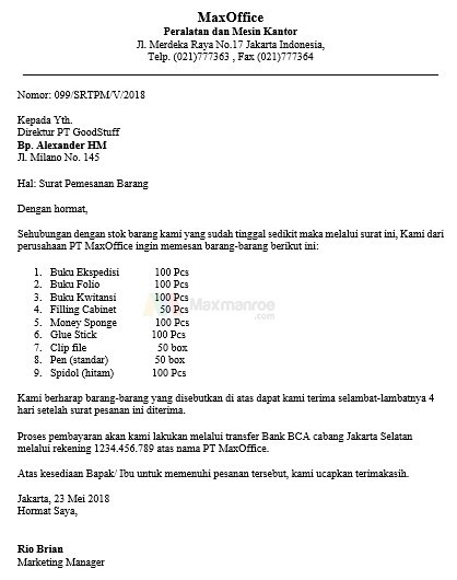 6. Contoh Surat Niaga Pesanan Jasa