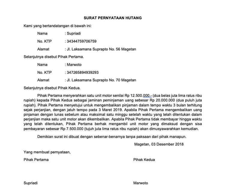 7. Surat Pernyataan Hutang Piutang Yang Bisa Dipidanakan