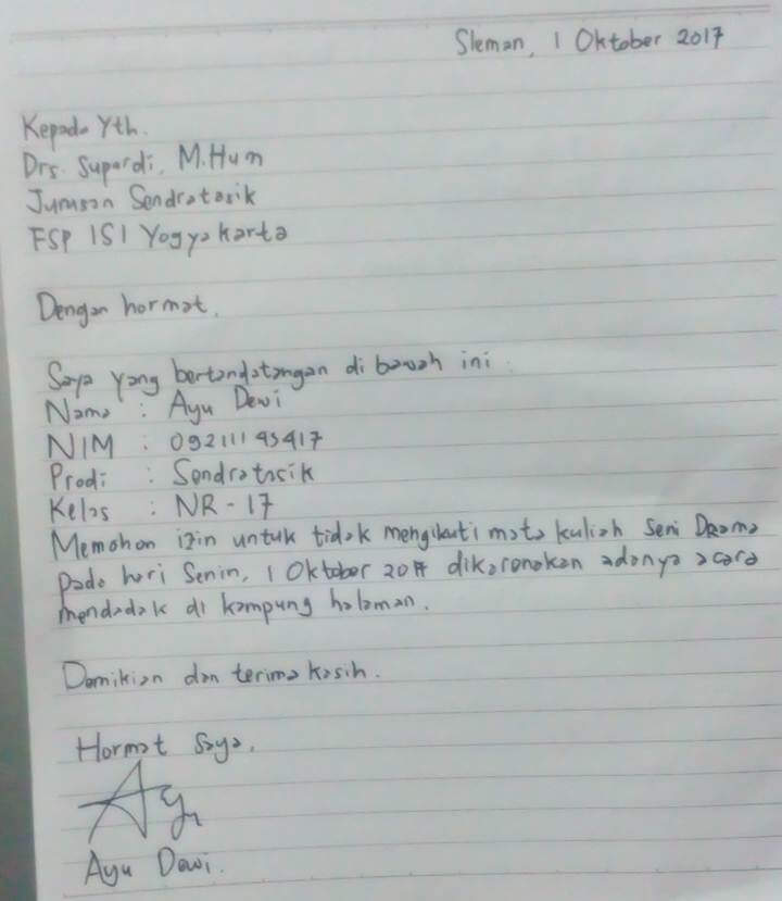 Surat Izin Tidak Masuk Kuliah Tulisan Tangan