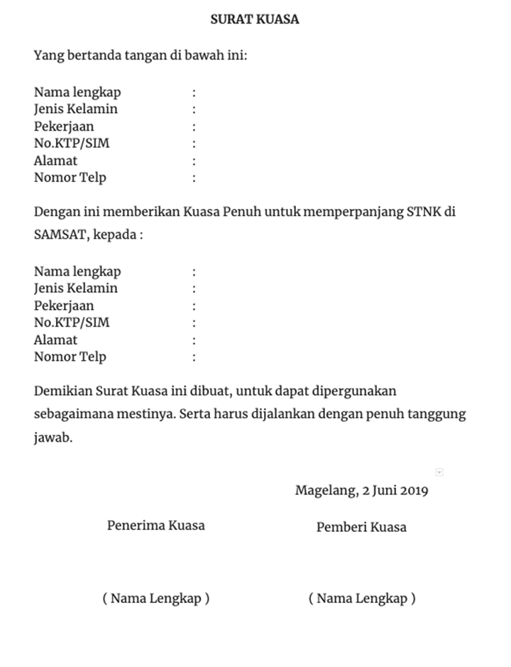 Surat Kuasa Perpanjang STNK