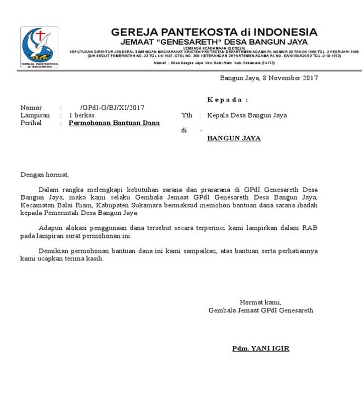 Surat Permohonan Bantuan Dana Pembangunan Gereja