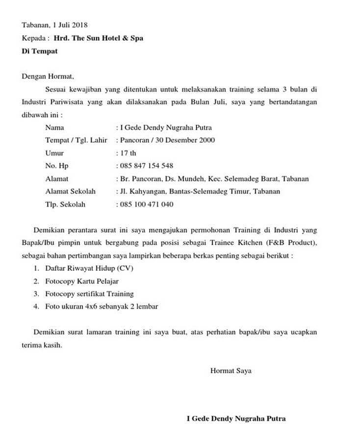 Surat Permohonan Magang di Hotel