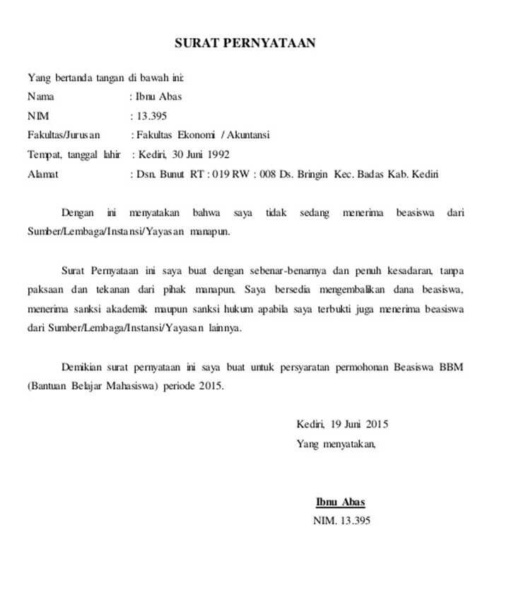 Surat Pernyataan Tidak Sedang Mendapat Beasiswa