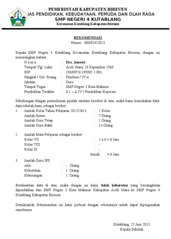 Surat Rekomendasi Mutasi