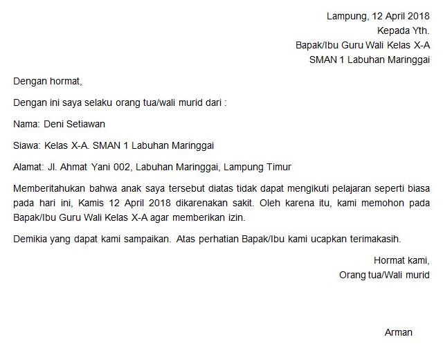 1. Contoh Surat Izin Tidak Masuk Sekolah Karena Sakit