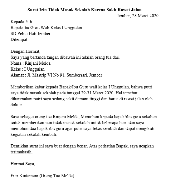 13. Contoh Surat Izin Sekolah Karena Rawat Inap