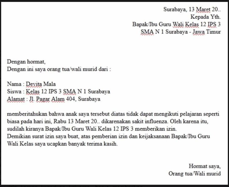 2. Contoh Surat Izin Sekolah Karena Pergi Keluar Kota