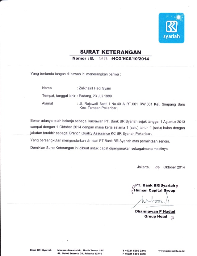 5. Contoh Surat Keterangan Kerja Untuk Bank