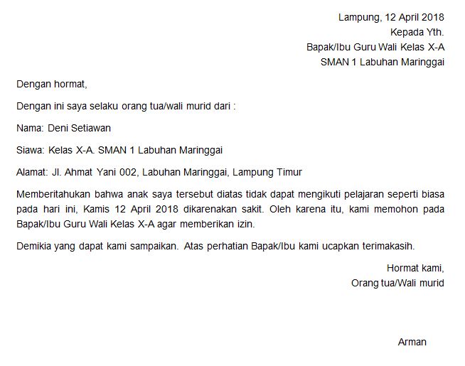 8. Contoh Surat Izin Tidak Masuk Sekolah Dari Wali