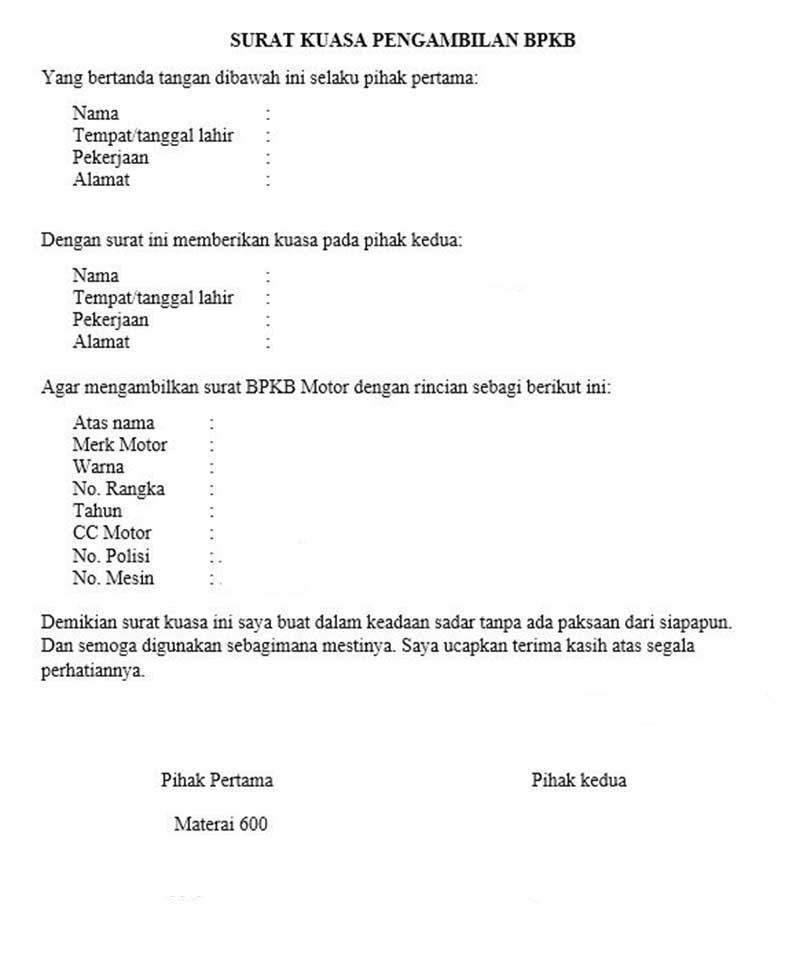 1. Contoh Surat Kuasa Pengambilan BPKB Motor