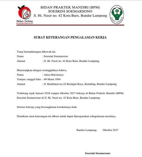 1. Contoh Surat Referensi Kerja Bidan