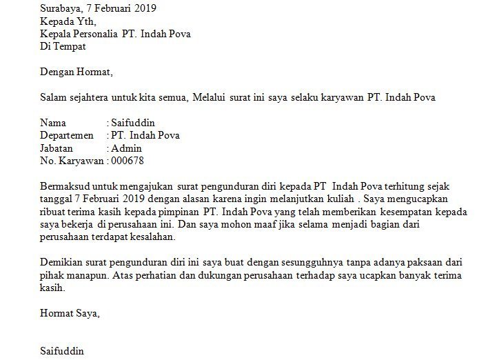 10. Contoh Surat Resign Kerja Karena Kuliah