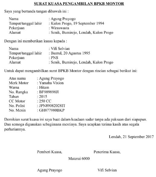 13. Contoh Surat Kuasa Pengambilan BPKB Sepeda Motor Perusahaan