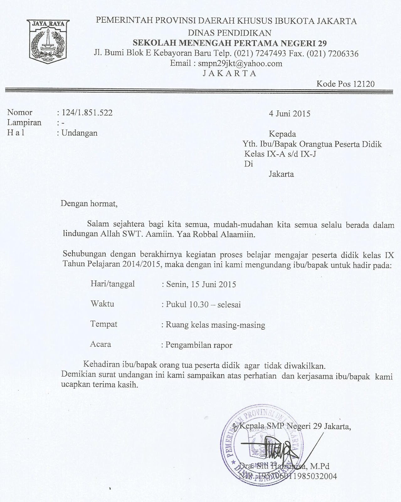 15. Contoh Surat Dinas Undangan Pengambilan Raport Sekolah