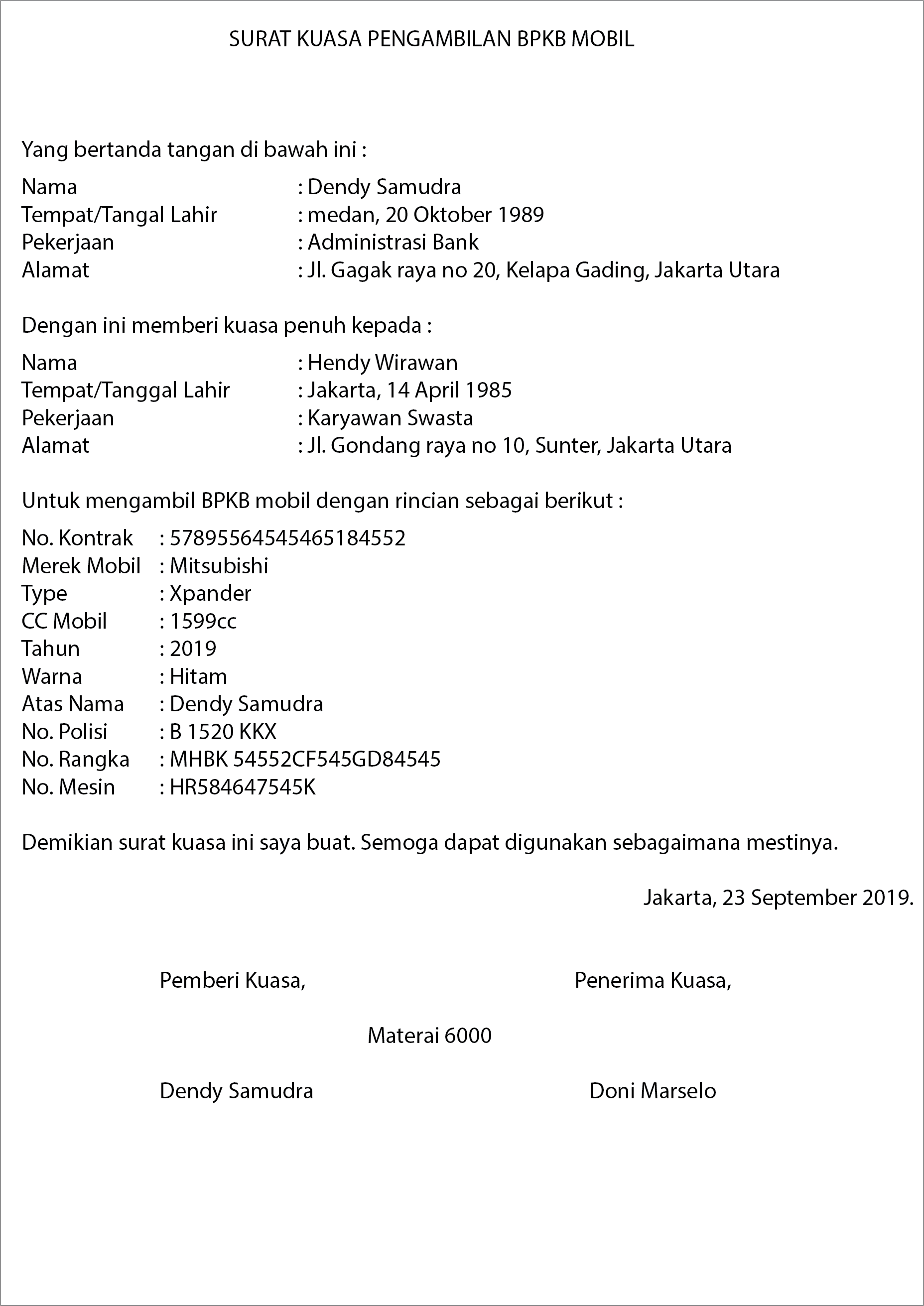 2. Contoh Surat Kuasa Pengambilan BPKB Mobil