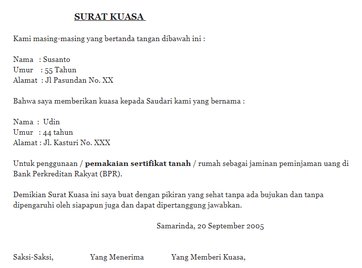 3. Contoh Surat Kuasa Sertifikat Tanah