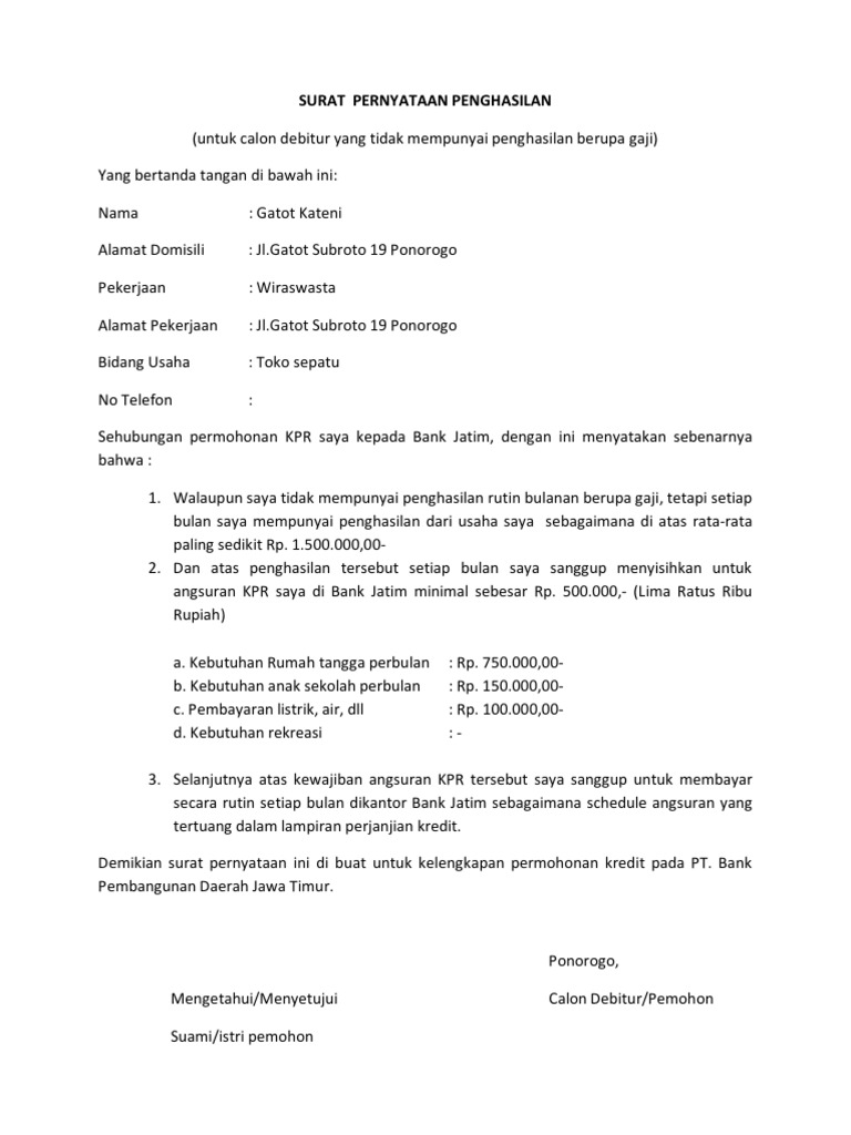 4. Contoh Surat Keterangan Penghasilan Wiraswasta