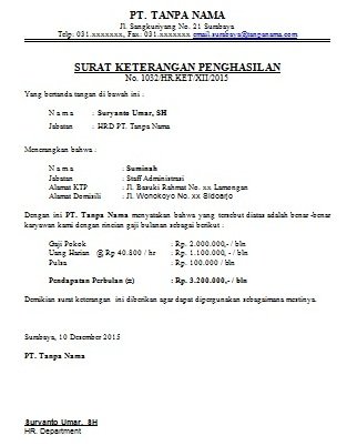 6. Contoh Surat Keterangan Penghasilan Untuk Pengajuan Kartu Kredit