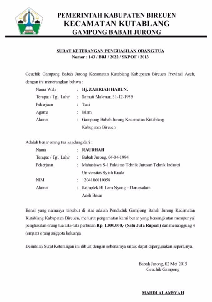 7. Contoh Surat Keterangan Penghasilan PNS