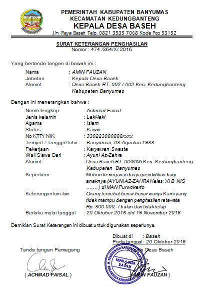 8. Contoh Surat Keterangan Penghasilan Orang Tua Dari Kelurahan