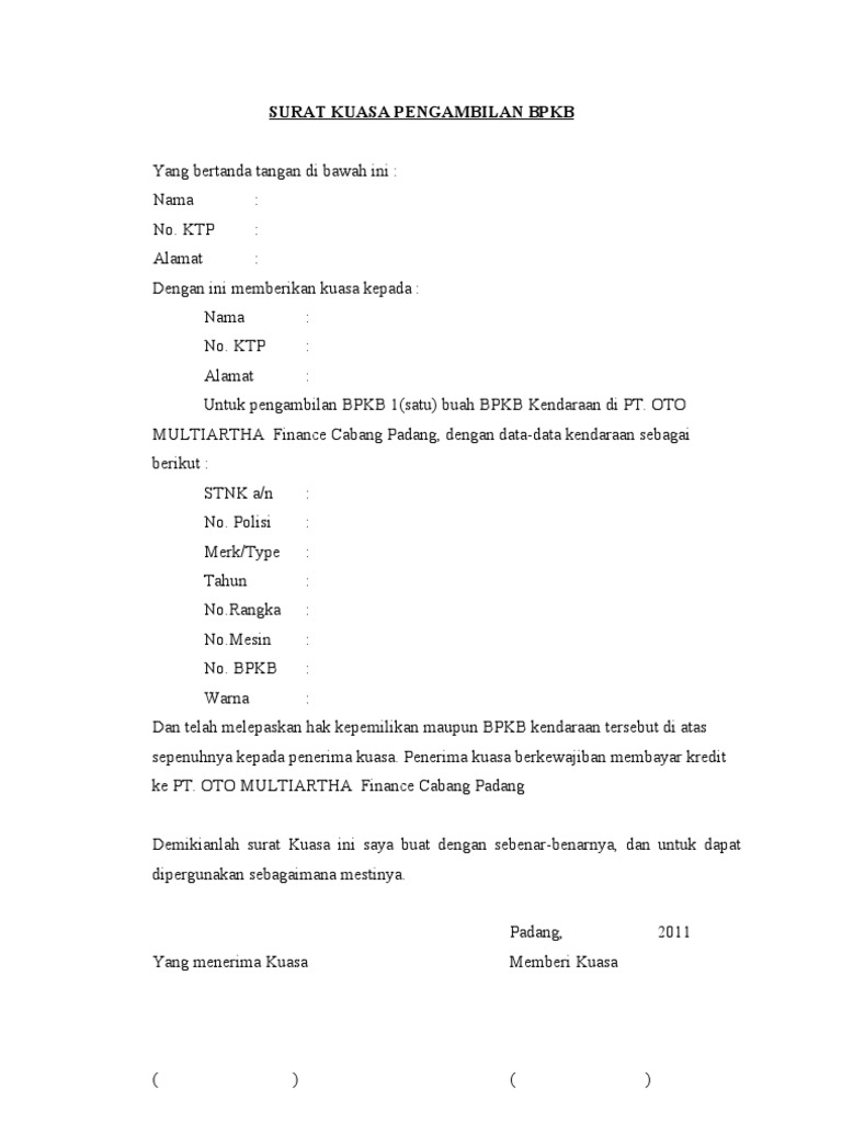 8. Contoh Surat Kuasa Pengambilan BKPB Mobil Di Leasing